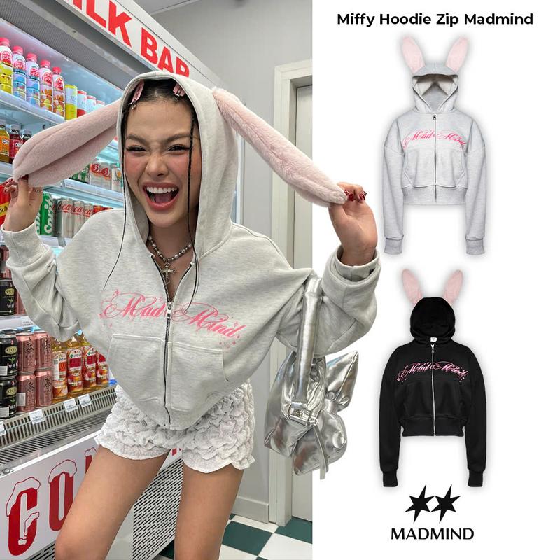 Áo Khoác Nữ Tay Dài Form Baby Họa Tiết Tai Thỏ Miffy Hoodie Zip Khóa Kéo MADMIND - Màu Đen / Xám Women