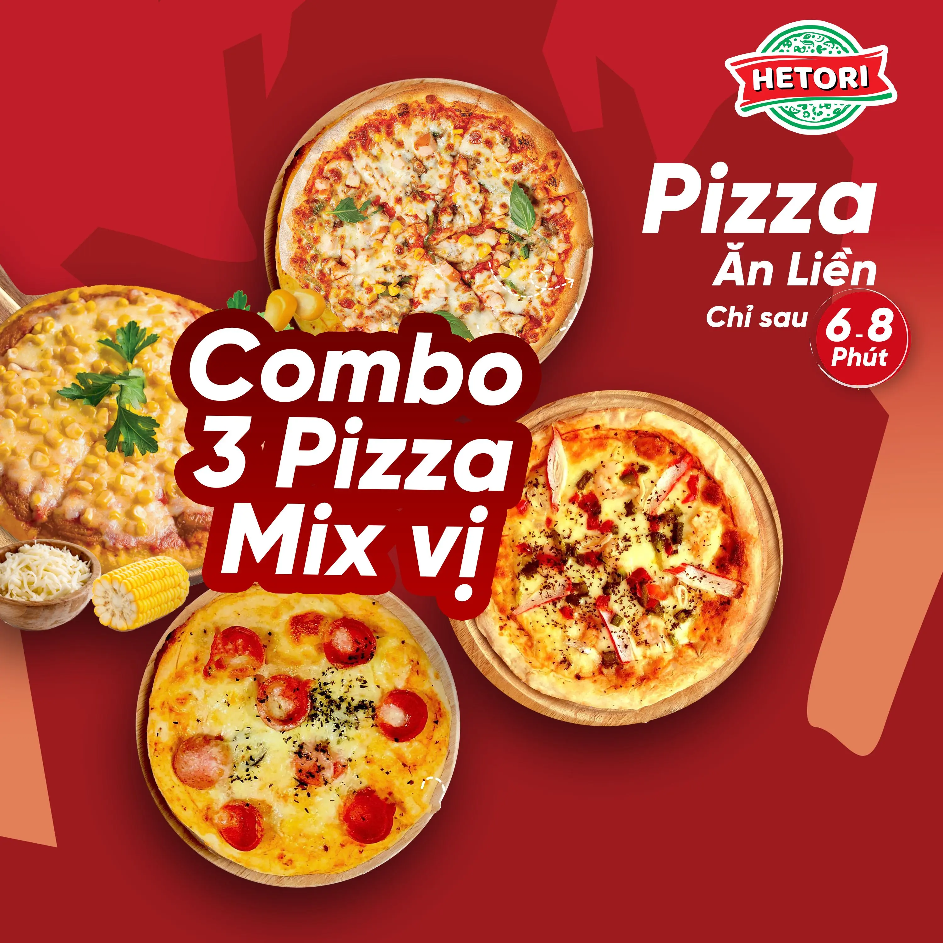[Miền Nam/Tây Nguyên] COMBO 3 Pizza HETORI Nhiều Vị Tự chọn- Giòn Ngon, Nhanh Gọn, Thơm Ngậy