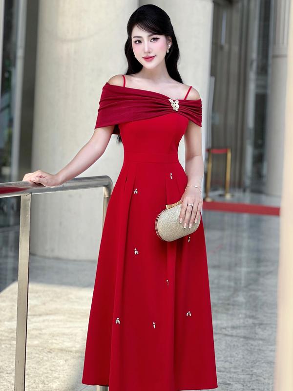 Váy Thiết Kế VQLADY D63 dành cho nữ  Đầm thiết kế  trễ vai phối tơ mềm dáng xòe dài (tặng kèm tag cài váy) phù hợp đi chơi và đi dự tiệc Dress Women Voi Kem  đỏ hồng  đỏ và hồng Voan Trắng Khuy