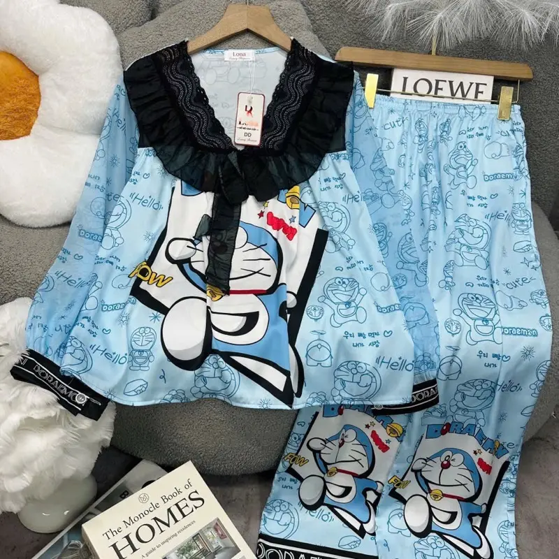 [PJM109] Bộ pijama tiểu thư lụa latin có nhiều họa tiết, áo babydoll rộng thoải mái, phối ren mềm và voan