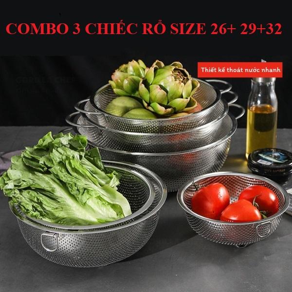  Combo 3 Chiếc Rá Rổ Lưới Inox 304 Cao Cấp Cỡ Lớn: 26+29+ 32 Có Tai Mắt Lưới 2mm Có Chân Để Thoát Nước Dùng Để Vo gạo rửa rau đựng thịt 