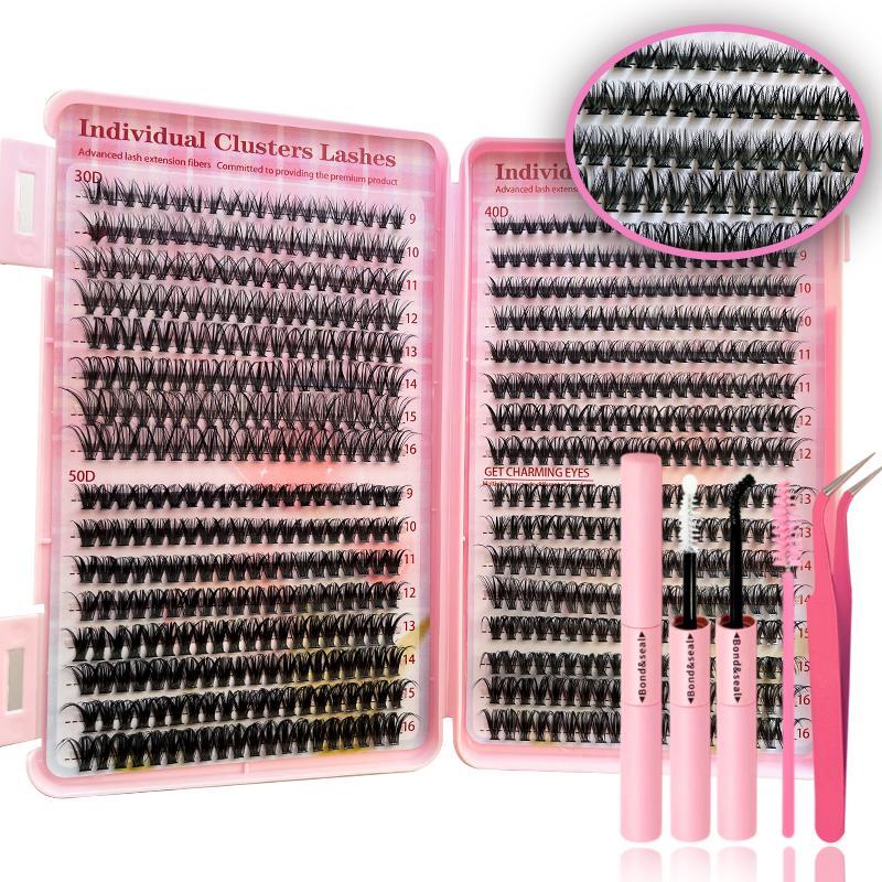 Mixed Style Individual Cluster Lashes Set, 30D 40D 50D 9-16mm Clusters Eyelashes & Double-ended Seal and Bond & Brush & Tweezers, 1 Set Natural Curl Eyelashes Extensions Kit, Eye Makeup Product for Women & Girls, Valentine's Day Gift, Cosmetic 7