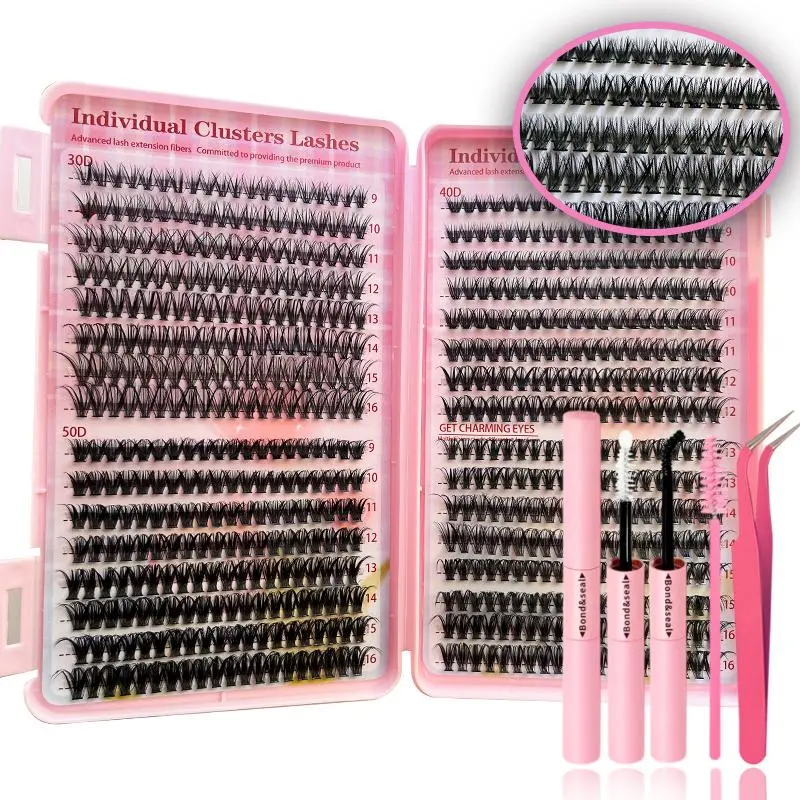 Mixed Style Individual Cluster Lashes Set, 30D 40D 50D 9-16mm Clusters Eyelashes & Double-ended Seal and Bond & Brush & Tweezers, 1 Set Natural Curl Eyelashes Extensions Kit, Eye Makeup Product for Women & Girls, Valentine's Day Gift, Cosmetic 7