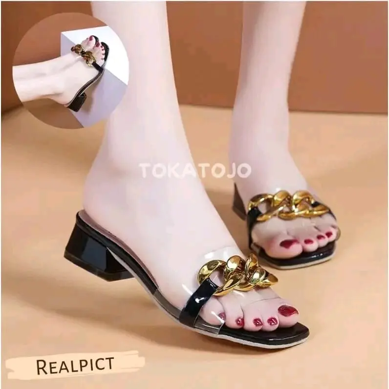 SANDAL WANITA HAK TAHU 3CM MODEL MIKA PLAT RANTAI PREMIUM TAMPIL ELEGAN Sendal Kasual