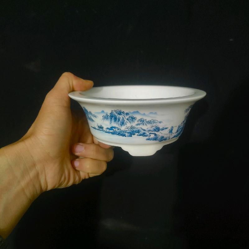 Chậu tròn miệng loe; hoạ tiết rồng và phong cảnh 1