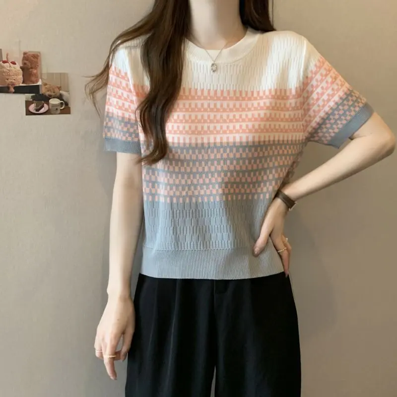 Áo Thun Ngắn Tay Sọc Chuyển Sắc Retro Cho Nữ, Áo Phong Cách Phương Tây, Lụa Lạnh, Dệt Kim, Giảm Béo, Thích Hợp, Mùa Hè, Mới