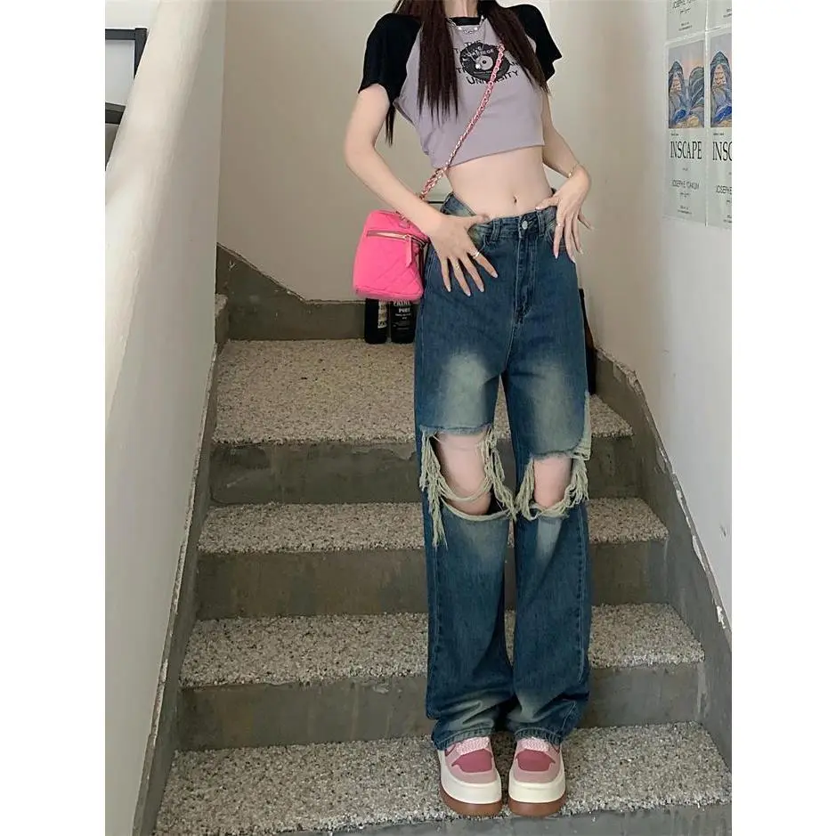 Women's Retro Tattered Jeans Jeans American Straight Mopping Pants
