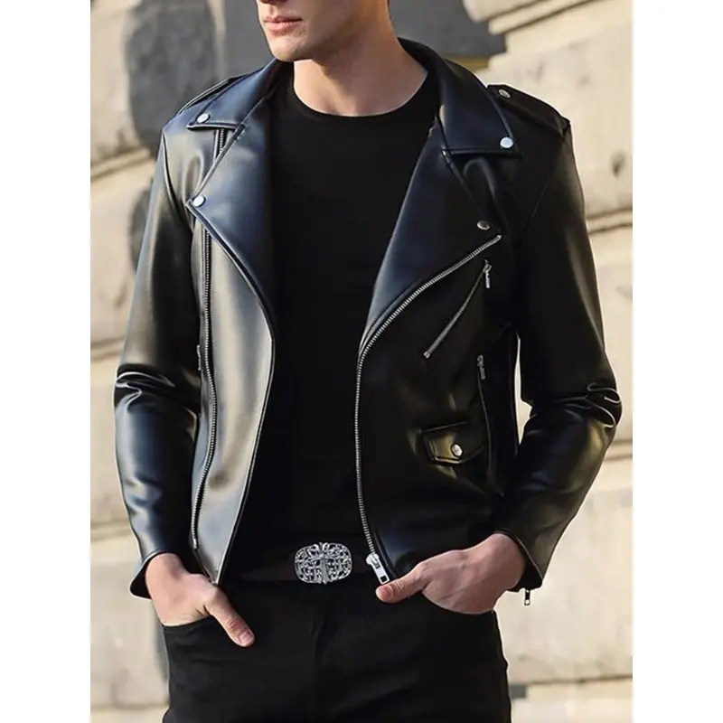 Áo khoác da nam dáng biker mẫu mới nhất năm nay chất da cao cấp Menswear Nhung Jacket Dài Tay Có Cổ
