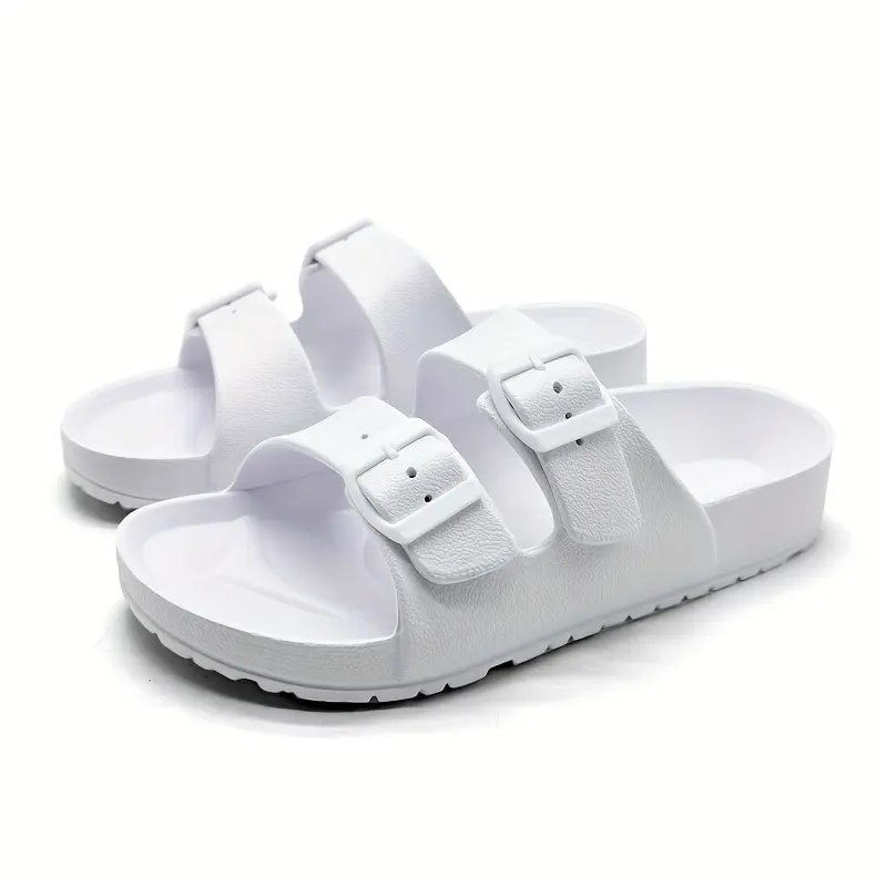 Men's Trendy Solid EVA Slides With Buckles Decor, Non Slip Quick-drying Open Toe Slippers For Indoor Outdoor Walking, Men's Beach Slides