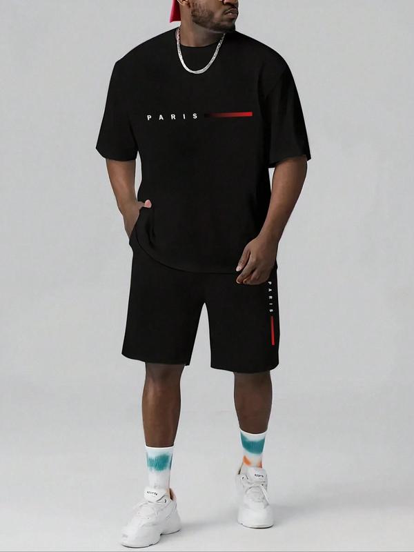 Men's Plus Size Letter Print Short Sleeve Tee & Pocket Shorts Set, Regular Fit Round Neck T-Shirt & Track Shorts, Casual Fashion Cozy Breathable Men Two-Piece Outfits For Summer 2