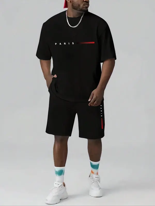 Men's Plus Size Letter Print Short Sleeve Tee & Pocket Shorts Set, Regular Fit Round Neck T-Shirt & Track Shorts, Casual Fashion Cozy Breathable Men Two-Piece Outfits For Summer, Clothes 2