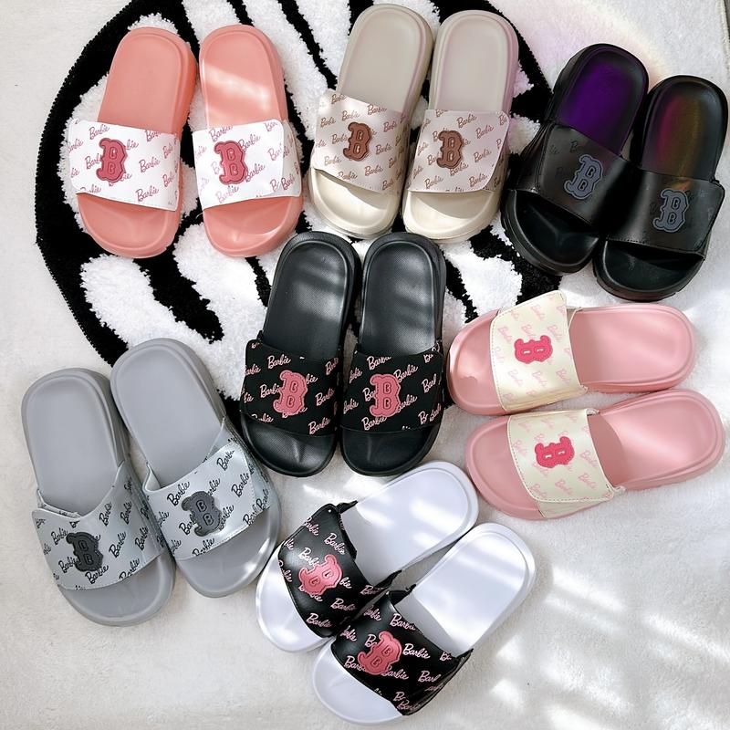 Dép chữ B quai ngang đế cao 4cm BARBIE  [TẶNG VỚ CAO CẤP]  nam nữ, quai dán màu Trắng - Hồng | Form rộng - Chọn giảm 1 size Slipper DéP