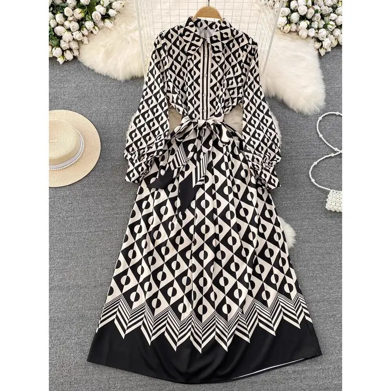 FADFAD 【Ready stock】Gaun kemeja lebar A-line dasi kupu-kupu pelangsing pinggang lengan panjang gaya retro dan dewasa untuk wanita 0