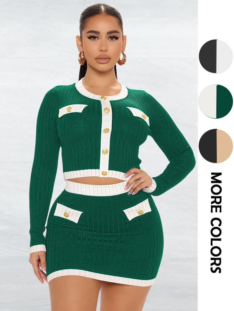 Product Introduction of Two-piece Set Women's Contrast Binding Button Front Crop Sweater & High Waist Skirt, Elegant Fashion Casual Round Neck Long Sleeve Top & Bodycon Skirt for Daily Outdoor Wear, Women's Clothing for Spring & Fall 2