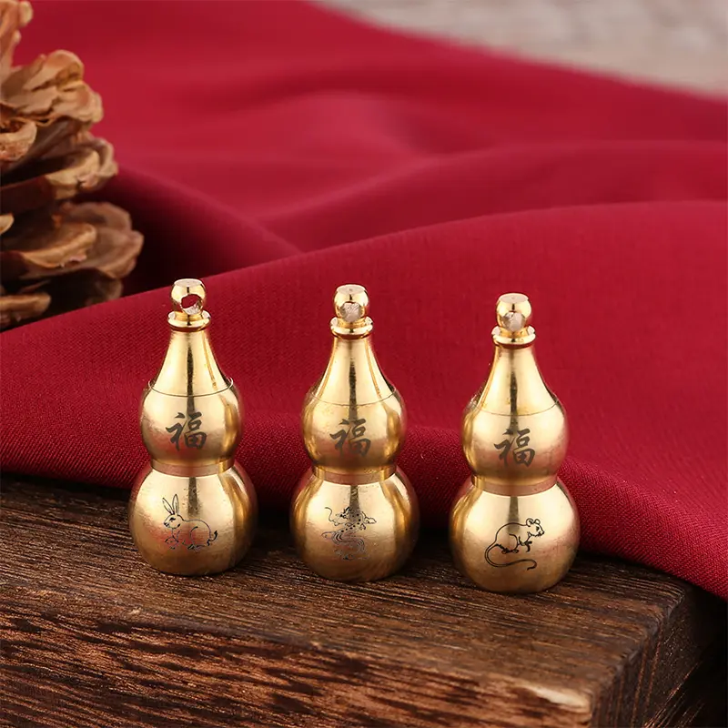 Chinese  Brass Gourd Keychain Accessories Hollow-mounted Cinnabar Pendant Upper Opening Lettering Pendant DIY Decoration