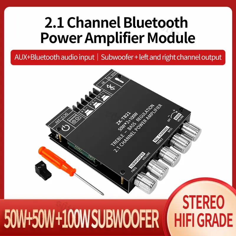 ZK-Mt21 Modul Power Amplifier Audio 2.1 Channel Bt Aux Digit High Power ZK-MT21 Sound Amp 2x50W+100W TPA3116D2 Bluetooth Amplifier Class D 2.1CH Subwoofer 3