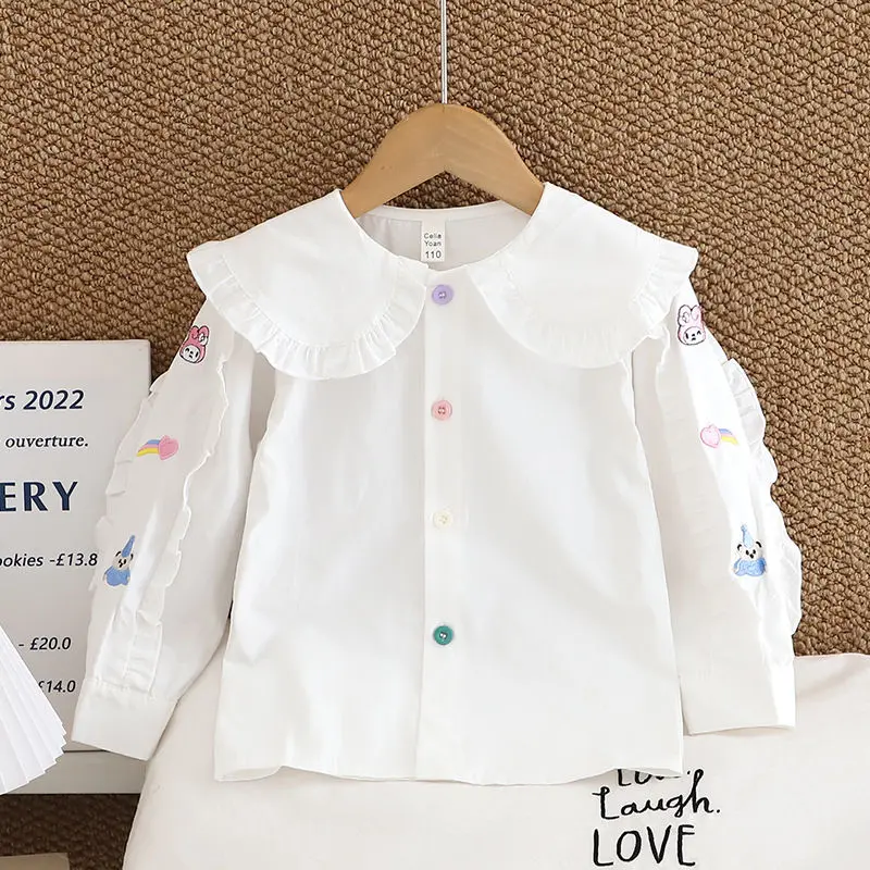 Áo Sơ Mi Trắng Dài Tay Cho Bé Gái, Phong Cách Hàn Quốc Mới 2024, Phong Cách Preppy, Thêu Bên Trong, Thích Hợp Cho Bé Gái Lớn, Quần Áo Mùa Thu, Bộ Sưu Tập Mùa Thu