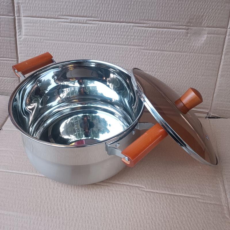 Extra-Thick Stainless Steel Round Soup Pot with Lid and Dual Wooden Handles for Heat Resistance 1