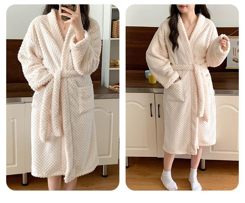 Product Introduction of Áo choàng tắm giữ nhiệt cho nữ, Áo choàng tắm dài tay dày dặn màu trơn với lông, chất liệu lông cừu san hô mới mùa thu và đông, chất lượng cao, thoải mái, chất lượng cao, áo ngủ, áo cardigan, đồ mặc nhà 12