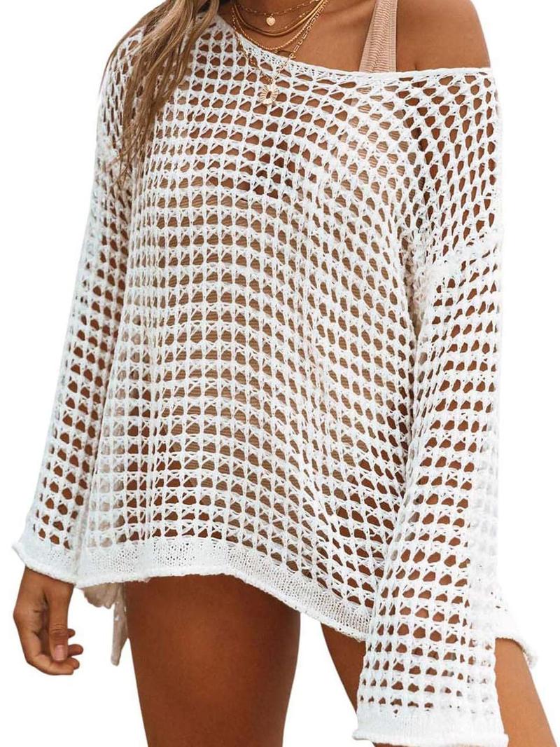 Product Introduction of Women's Solid Crochet Hollow Out Side Split One Shoulder Cover Up, Fashion Casual Drop Shoulder Long Sleeve Top for Women Beach Holiday Vacation, Women's Beach Cover Up Summer Clothing Holiday Evening Outfits 2024 12
