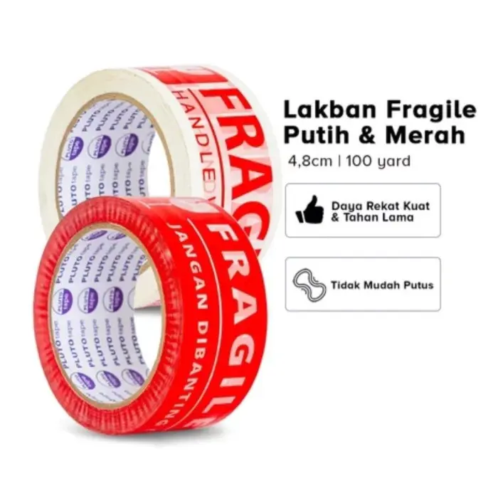 Lakban Fragile 2 in 1 ( 2 warna ) 48 MM x 100 yard - Merah 1
