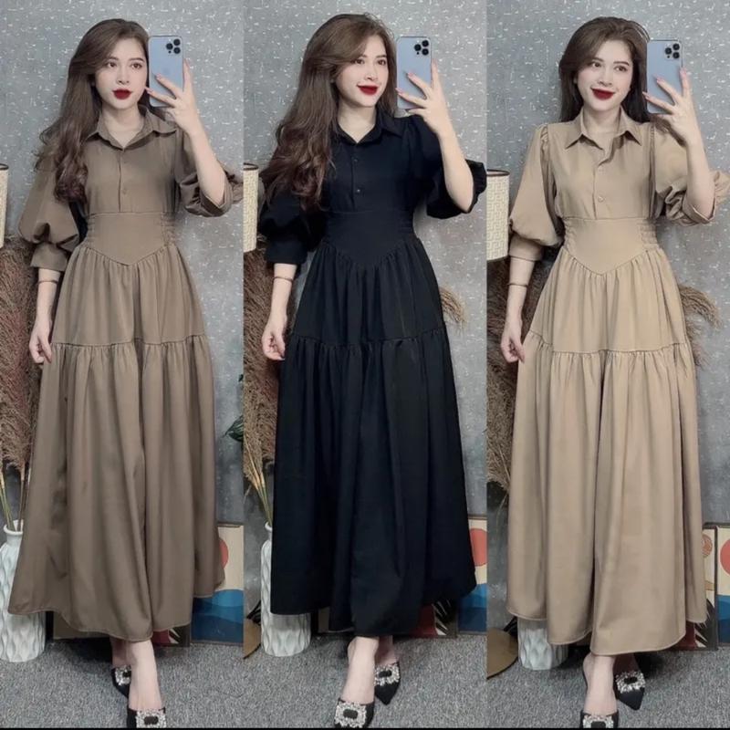 Đầm tay bồng eo chun cổ sơ mi mã mb15