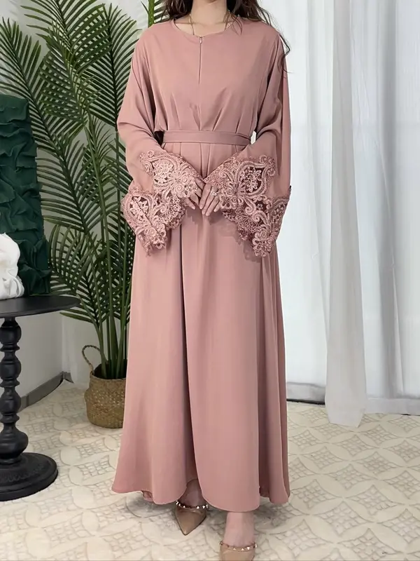 Arabic Clothing-Women Embroidered Abaya Dress, Fashion Contrast Lace Long Bell Sleeve Loose Maxi Arabian Dress with Belt, Islamic Clothes Caftan, Maxi Dresses for Women, Summer Outfits 2024, Bridal Abaya 4