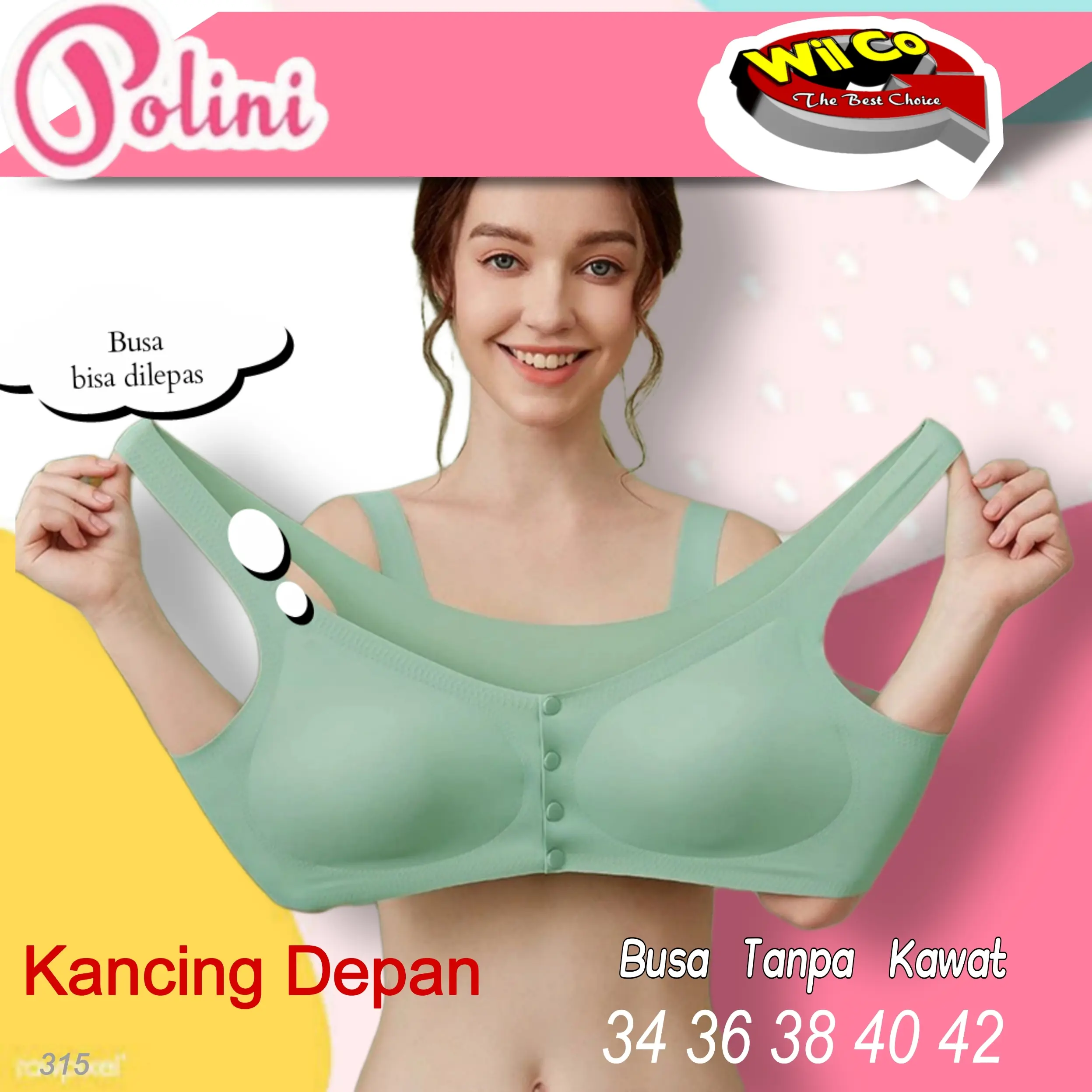 K315 Polini Bra Kancing Depan Busa Tanpa Kawat (busa bisa dilepas) Wanita Tipis Dewasa Bh