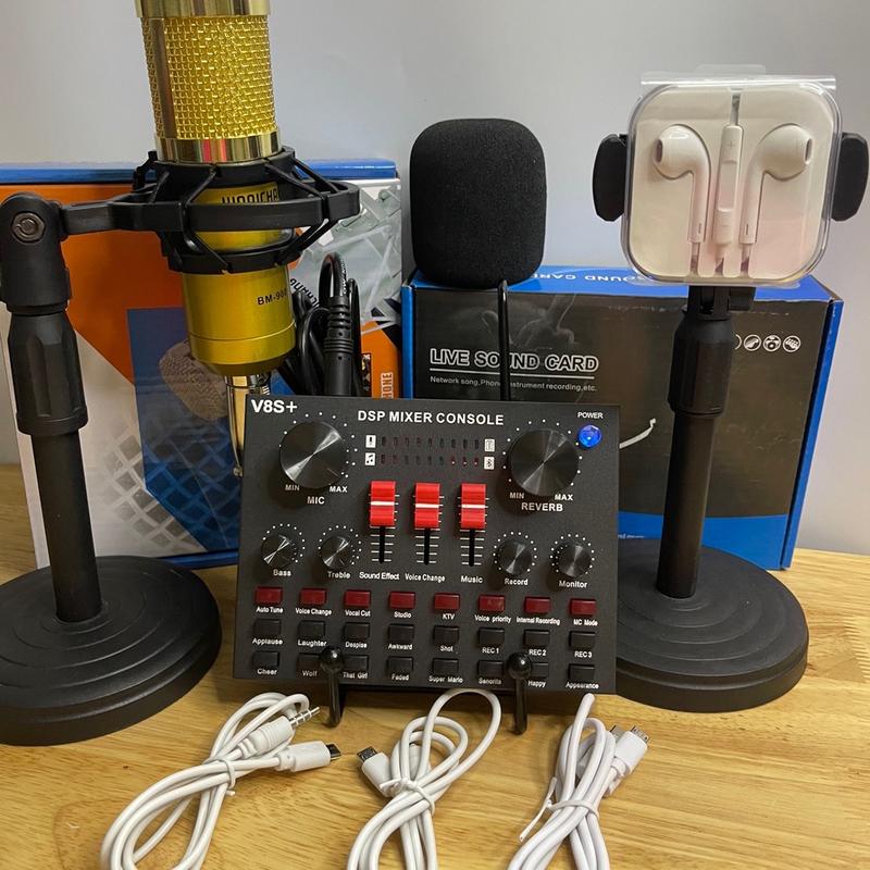 Bộ Mic Thu âm live stream soucard V8S+ có bluetooth và Mic Bm900 đi kèm tai nghe giá đỡ Mic giá đỡ điện thoại dùng để hát karaoke online( quý khách nhớ đọc phần lưu ý ở mô tả )