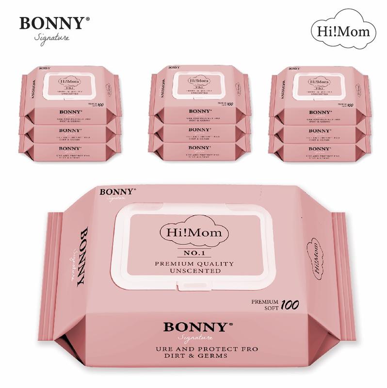 Combo 3 Gói Khăn Ướt Bonny Himom Signature Không Mùi Có Nắp Đậy,  An Toàn Cho Bé Từ Sơ Sinh 100 Tờ/ Gói (Mã mới)