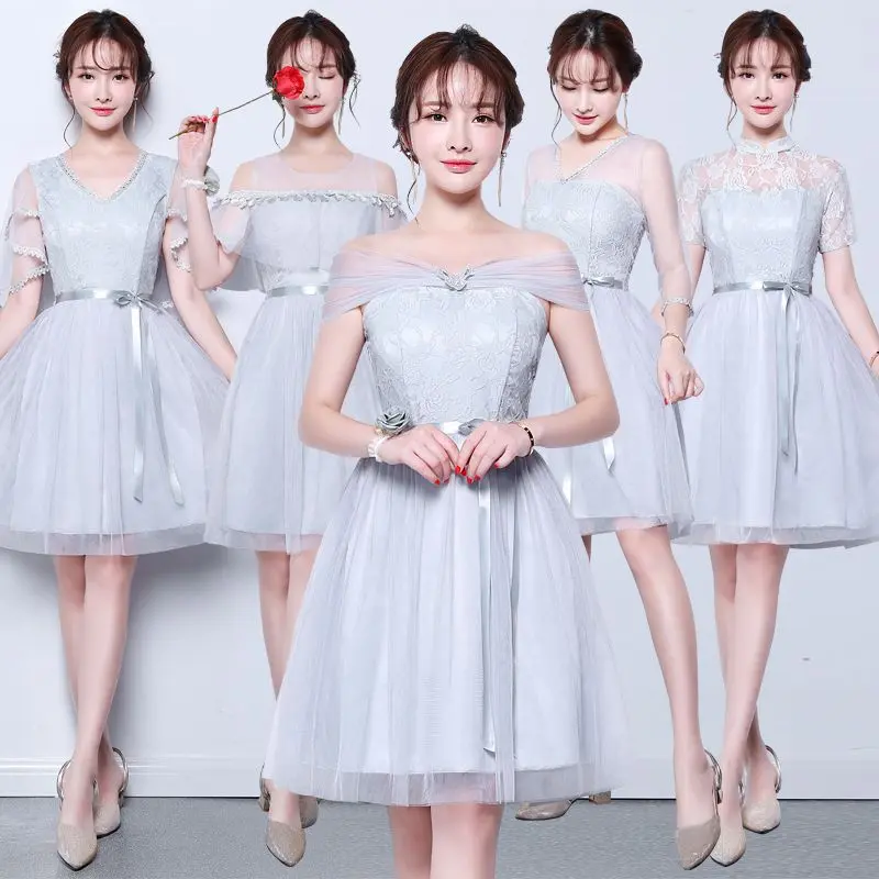 Bridesmaid Dress Women's New Korean Style Bridesmaid Dress Host Short-Length Gray Slim Annual Party Banquet Evening Dress