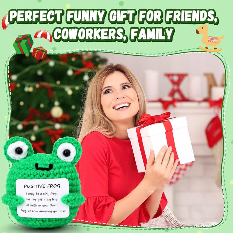 Product Introduction of Cute Frog Design Crochet Animal, 1 Count Mini Funny Positive Frog Emotional Crochet Doll with Positive Card, Encouragement Funny Gifts for Women Men Party Decor 2
