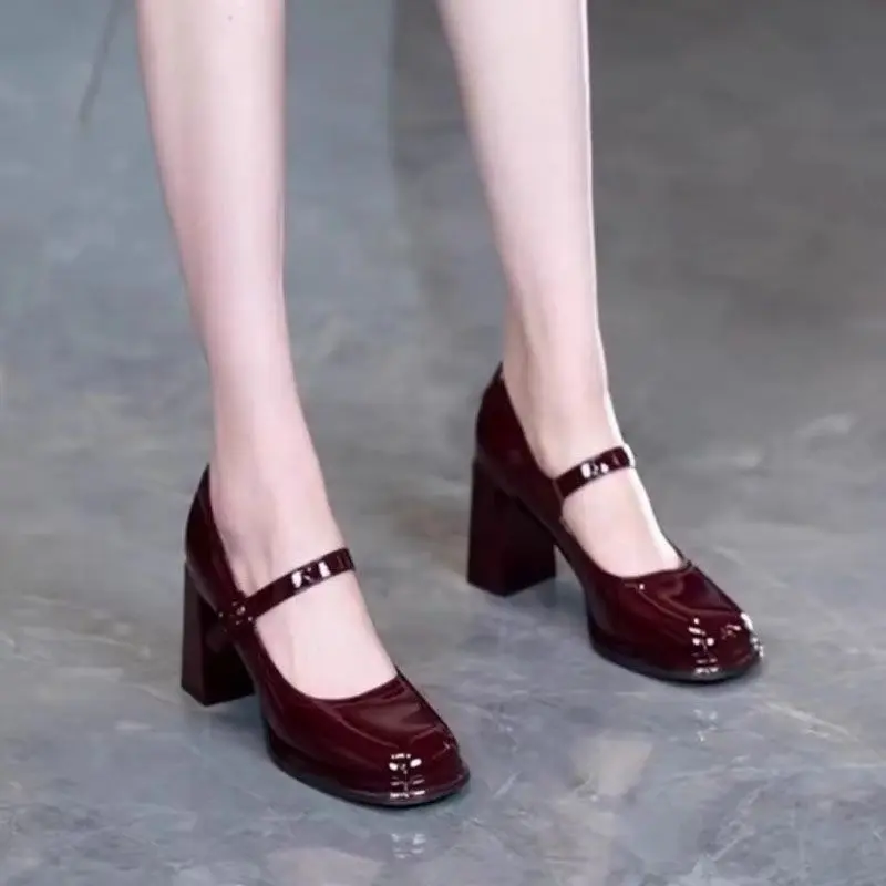 Giày Cao gót, Phong Cách Pháp Mary, Dễ Phối Đồ, Thiết Kế Cổ Điển Mới, Mũi Vuông, Chất Liệu Da Bóng, Cắt Thấp, Giày Cao gót, Mũi Tròn, Hợp Xu hướng, 2024 Nữ Shoes