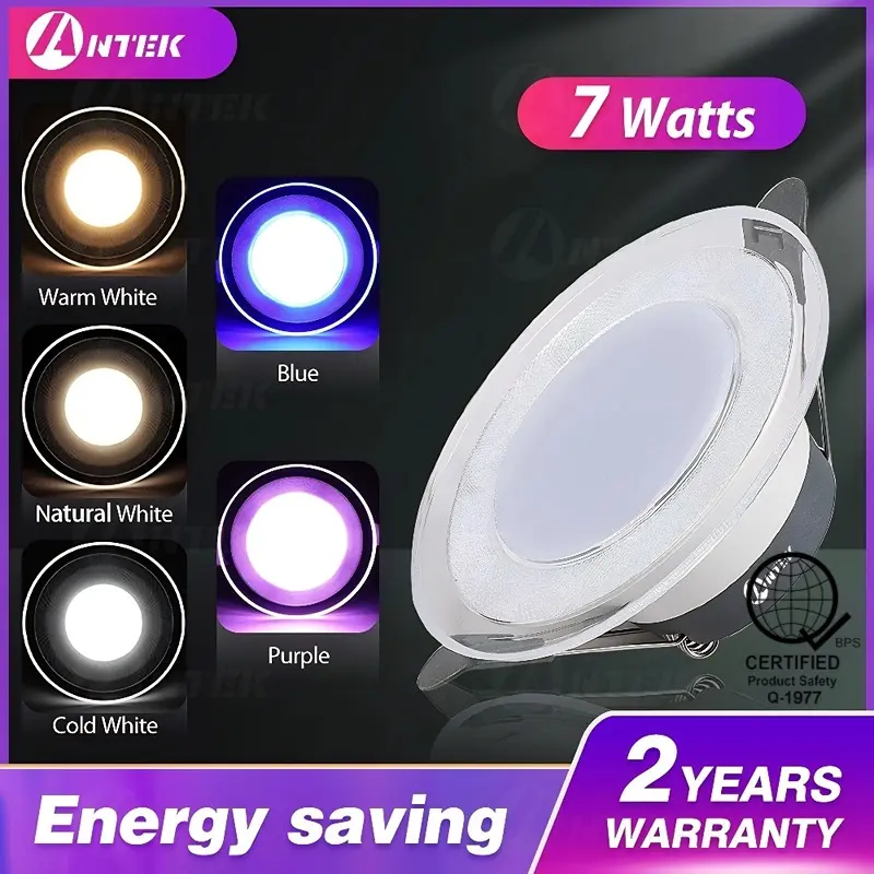 7W Tri color LED Pin light for Ceiling Downlight Ultra-Thin 3 Colors Purple/Blue/Warm 4 inches Panel Light for Living Room Bedroom Indoor Bar Restaurant Led Light