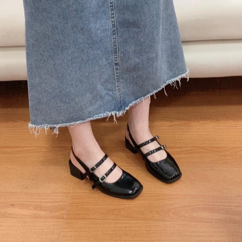 Giày slingback 2 quai ngang đế vuông cao 4cm da bóng tiểu thư Shoes Nữ