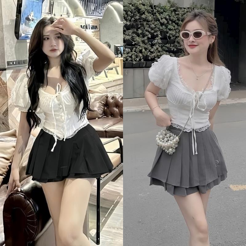 Set đồ nữ áo tay búp cổ vuông phối ren vuông thắt nơ trước kèm chân váy dáng ngắn xếp tầng xinh xắn dành cho các nàng diện đi chơi đi tiệc  Women  Kem Nhung Voi