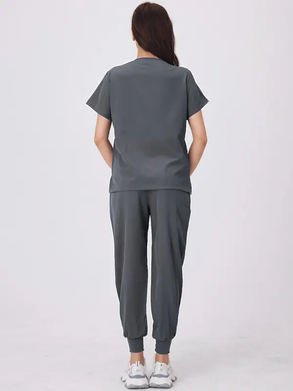 Women's Solid Color V Neck Pocket Top & Pants Workwear Set, Casual Comfy Breathable Two-piece Set for Daily Wear, Women's Workwear for All Seasons 4