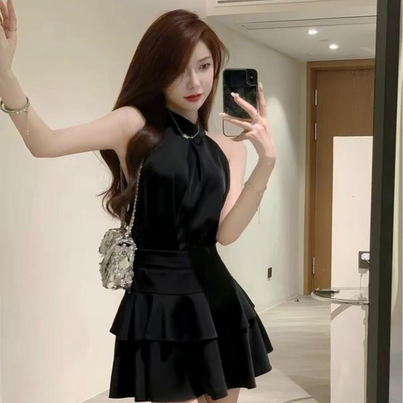 Set Áo Yếm Hở Vai Sát Nách Phối Chân Váy Lụa Bèo Tầng Dáng Xòe 2 Tone Màu Basic Nàng Thơ Xinh Xắn