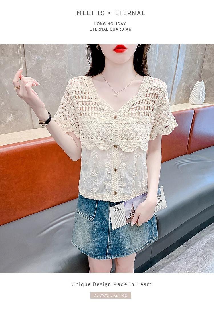 Product Introduction of Áo Cánh Ren khoét Cổ Chữ V, Thiết Kế Độc Đáo Dành Cho Nữ, Phong Cách Thanh Lịch, Trẻ Trung, Bó Sát, Áo ngắn Tay Bộ Sưu Tập Người, Mùa Hè 2024, Hàng Mới Về, [3311] 16