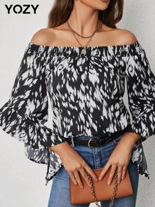 YOZY Women's Spring All Over Print Ruffle Off Shoulder Blouse, Shirred Flounce Sleeve Top, Women's Clothing for Daily Wear