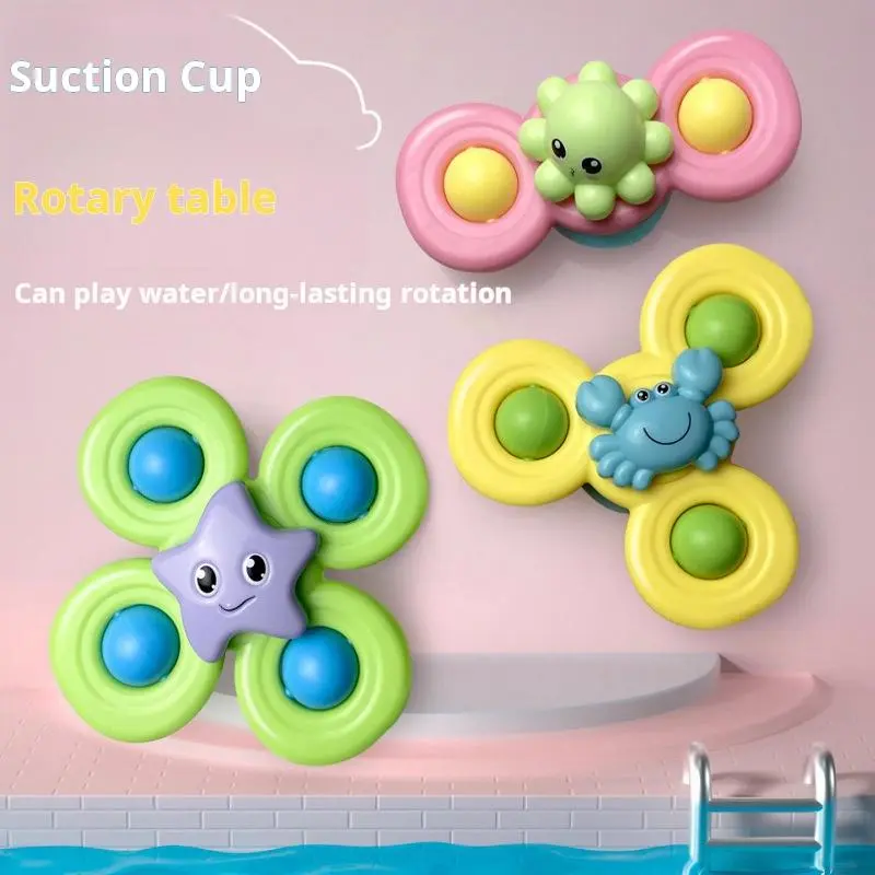 Suction Cup Spinner Bath Toy, 3 Counts Cartoon Animal Spinner Rotating Rattle Fidget Toy for Baby Stroller, Bathing Accessories 4
