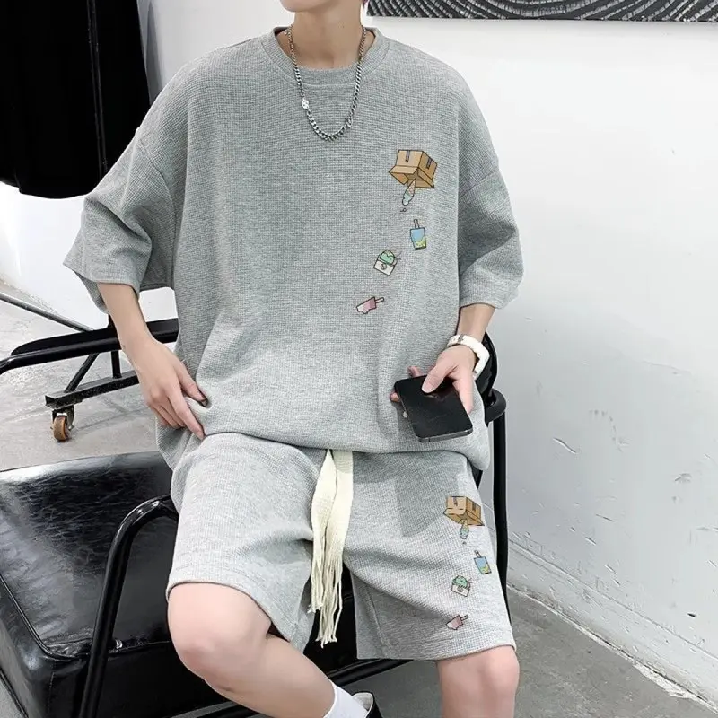 Bộ Áo Phông ngoại Cỡ Thiết Kế Bánh Quế, Dành Cho Nam Giới, Trang Phục Mùa Hè, ngắn Tay Áo, Quần Đùi, Bộ Hai Mảnh, Thích Hợp Cho Các Hoạt Động Thể Thao Thường Ngày, Hoàn Hảo Để Phối Đồ 3
