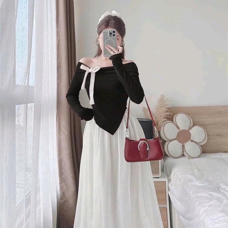 Set áo trễ vai đính nơ tay dài kèm chân váy tơ lụa dáng dài Nữ Voi Kem Women Thun 1