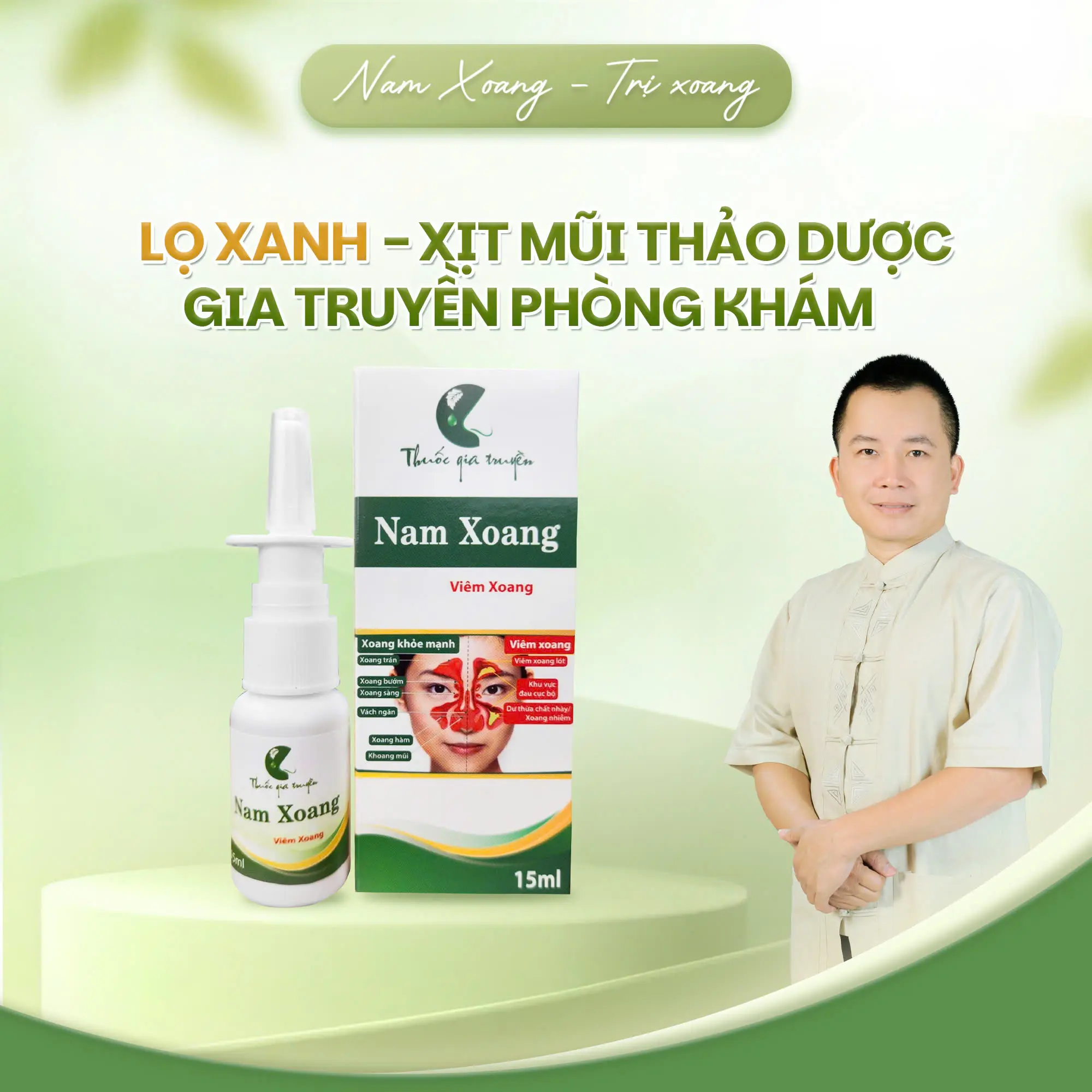 Xịt mũi thảo dược (Gia Truyền Phòng Khám) NAM XOANG (Xanh Lá Cấp 3) 15ml - Hương Thảo Dược Mát Lành, Thư Giãn Cho Mũi