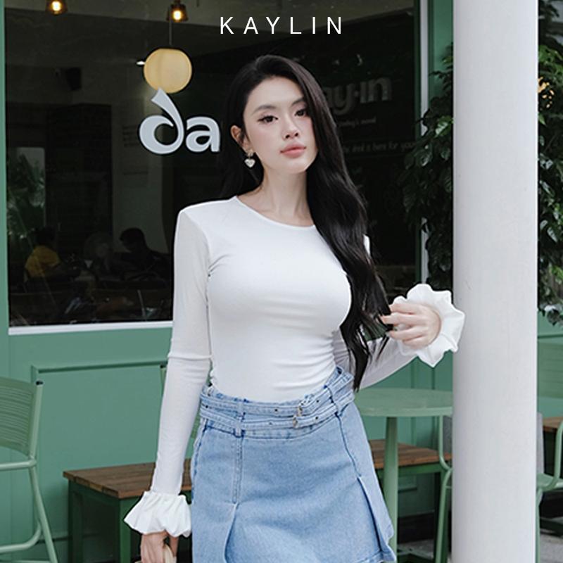 Áo Thun Nữ KAYLIN Tay Dài Phối Bí Form Basic Chất Vải Thun Giấy Mềm Nhẹ Thoáng Mát Phong Cách - N2343 Nữ Top Women Cổ Tròn Shirt
