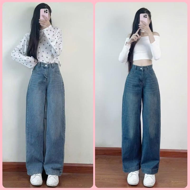 Quần jeans nữ ống suông cạp cao gấu to quần bò nữ ống rộng 2 màu hottrend chất vải mềm mại siêu tôn dáng 0
