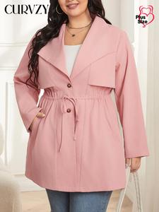 CURVZY Plus Size Solid Color Button Front Tie Front Coat, Casual Long Sleeve Collared Pocket Outerwear for Spring & Fall, Women's Clothes for Daily Wear