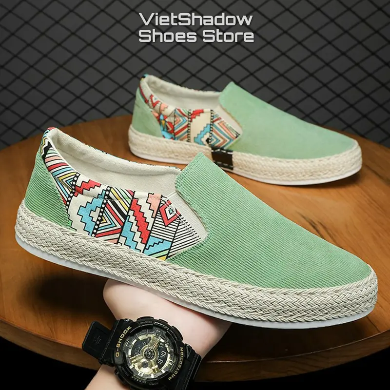 Giày lười vải slip onnam - Chất liệu nhung phối vải thô in họa tiết thổ cẩm viền bo cói nổi bật cá tính - Mã SP E010 Cảm nhận nâng cao