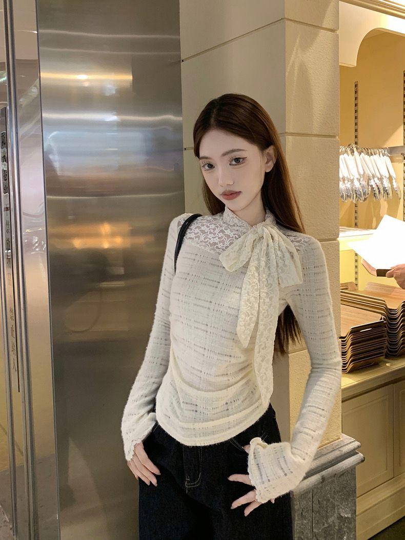 Product Introduction of Áo Lớp Nền Thiết Kế Mùa Thu Và Mùa Đông, Áo Phông Ren Vàng Nước Ngoài, Đồ Len, Áo Thanh Lịch, Giấu Bụng, Có Thể Mặc Bên Trong có thể giặt máy 【 trắng 】 hàng dệt kim Nữ 9