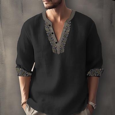 Product Introduction of Men's Ethnic Shirt Linen Shirt Long Sleeve Fashion Streetwear Designer Outdoor Daily Going out Spring & Summer Stand Collar Print Yellow Light Green Pink Red Navy Blue 5